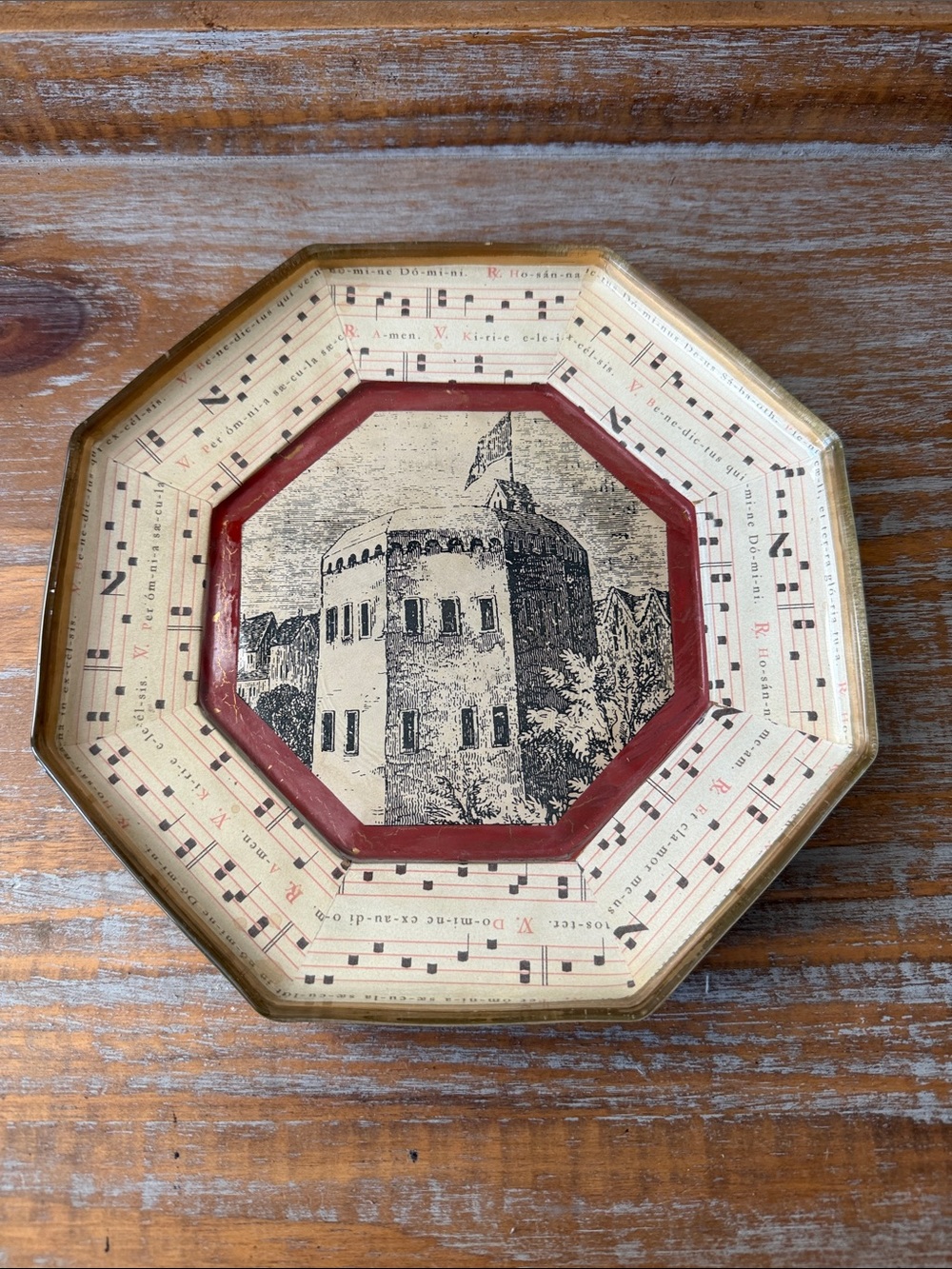 Octagonal Vintage Wall Decor Plate in Cream and Burgundy